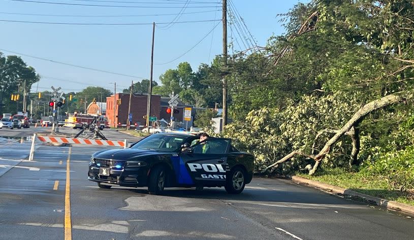 Trees down in Gastonia near a rail crossing that was closed by damage. Gastonia police photo