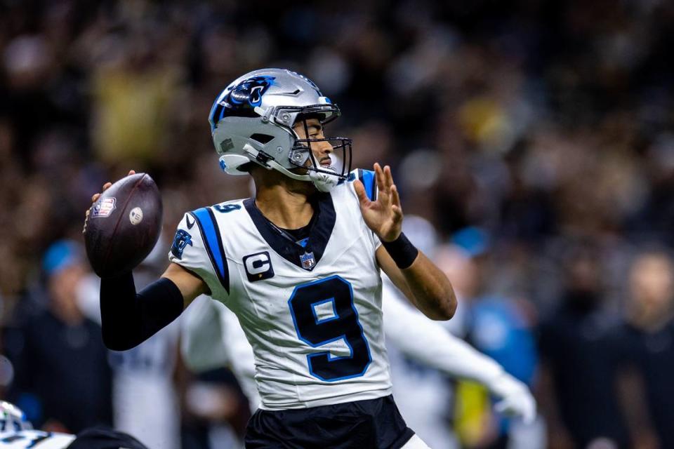 Carolina Panthers quarterback Bryce Young (9) drops back to pass against the New Orleans Saints during the first half at the Caesars Superdome.