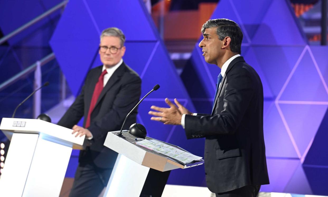 <span>Rishi Sunak and Keir Starmer on the BBC prime ministerial TV debate.</span><span>Photograph: BBC/Getty Images</span>