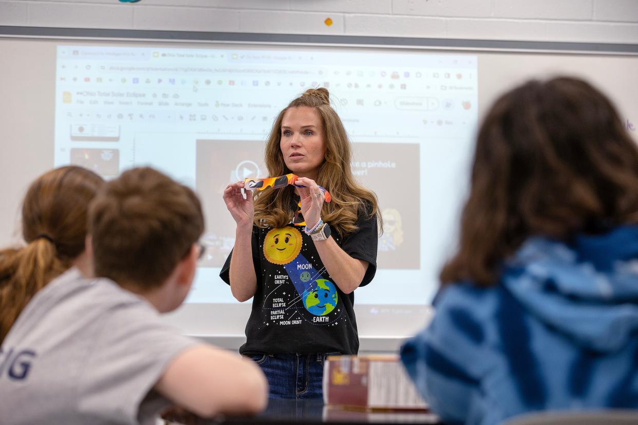 Sixth grade science teacher Leigh Madigan creates pinhole viewers out of cereal boxes with her students to safely view the partial solar eclipse in April at Toms River Intermediate North in Toms River, NJ Thursday, March 28, 2024