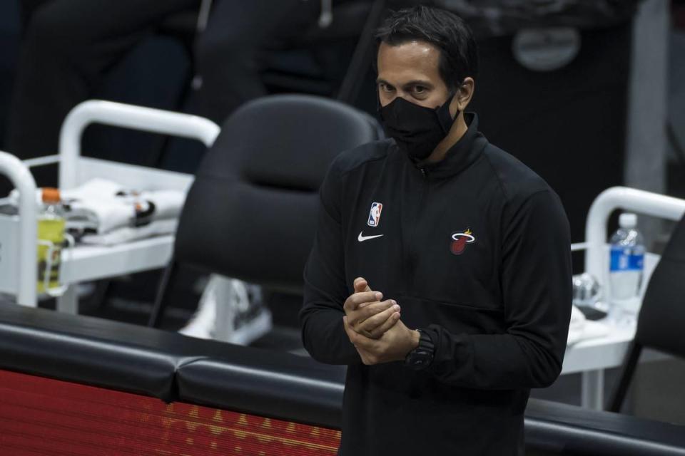 Heat coach Erik Spoelstra looks on during the second half of a game against the Washington Wizards at Capital One Arena on Jan. 9, 2021 in Washington, DC.