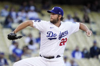 Los Angeles Dodgers starting pitcher Clayton Kershaw throws to the plate during the first inning of a baseball game against the Texas Rangers Friday, June 11, 2021, in Los Angeles. (AP Photo/Mark J. Terrill)