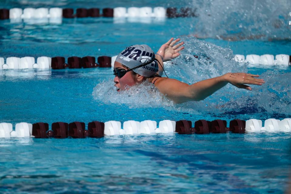 Jillian Langel-Viveros of Silverado High School swims in the 100-yard butterfly at the CIF-Southern Section Division 4 prelims on Tuesday, April 30, 2024 at Mt. San Antonio College in Walnut, California.