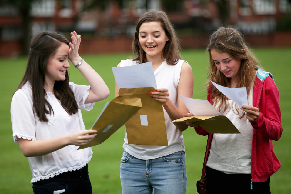 Withington Independent Girls School students celebrate getting good grades on their A level exams on August 15, 2013 in Manchester, England.