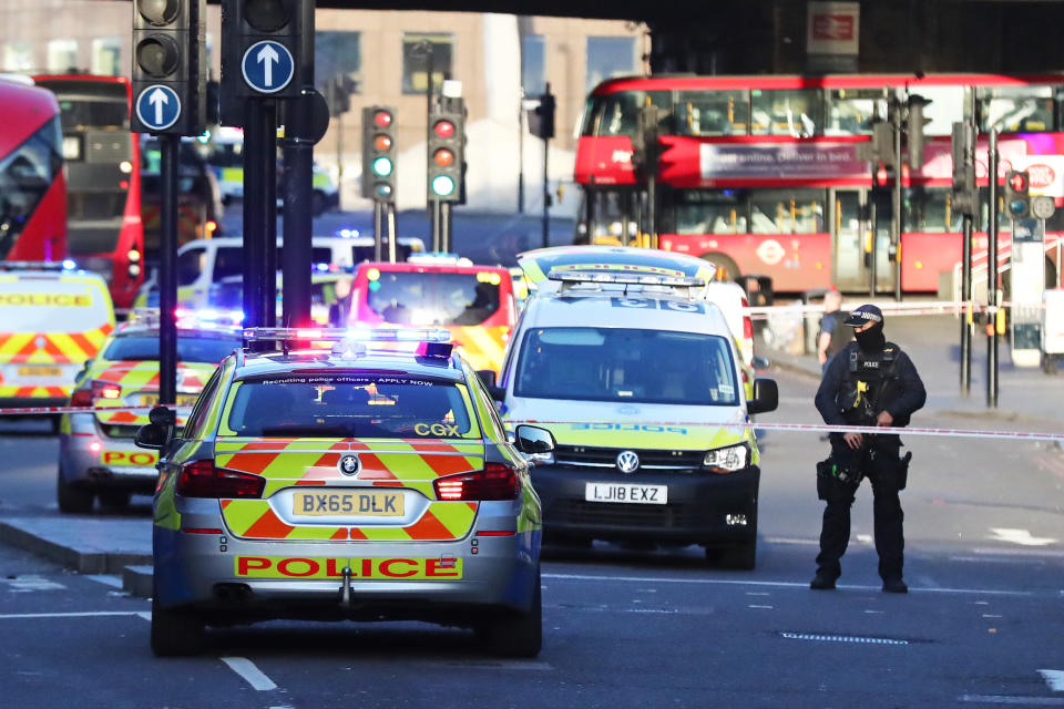 Police and emergency services at the scene of an incident on London Bridge in central London.