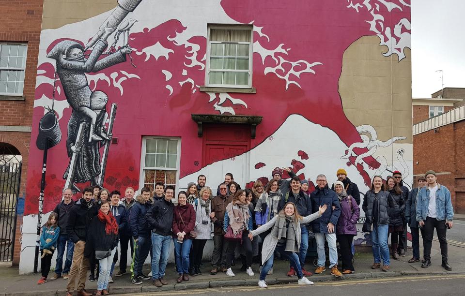 John Nation now guides visitors around Bristol's street art scene via WhereTheWall. Pictured here is one his recent tour groups. (John Nation / WhereTheWall)