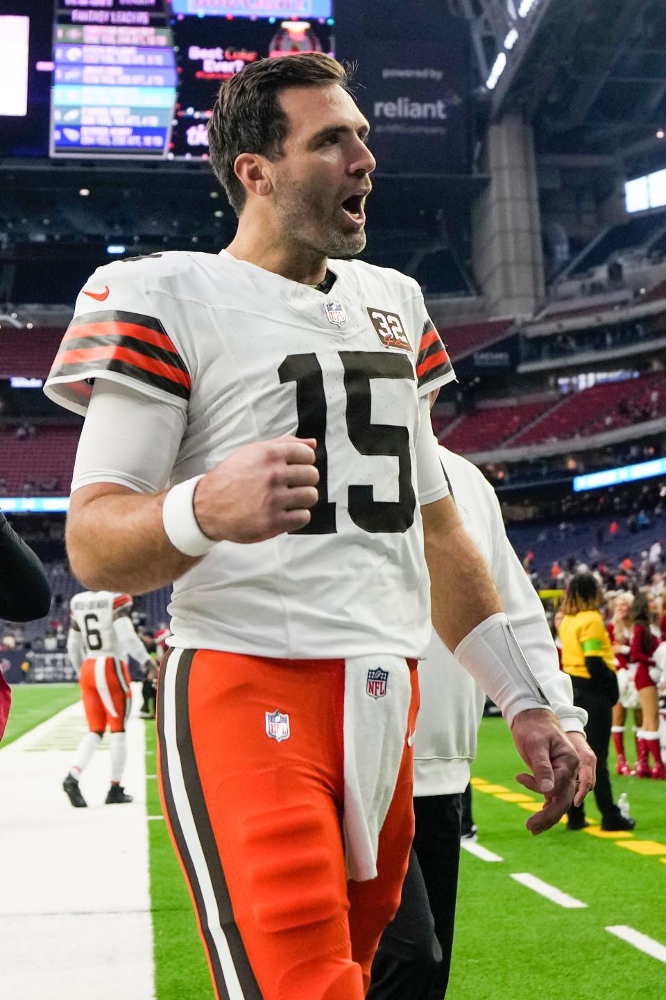 Cleveland Browns quarterback Joe Flacco celebrates after win over the Houston Texans on Dec. 24, 2023, in Houston.