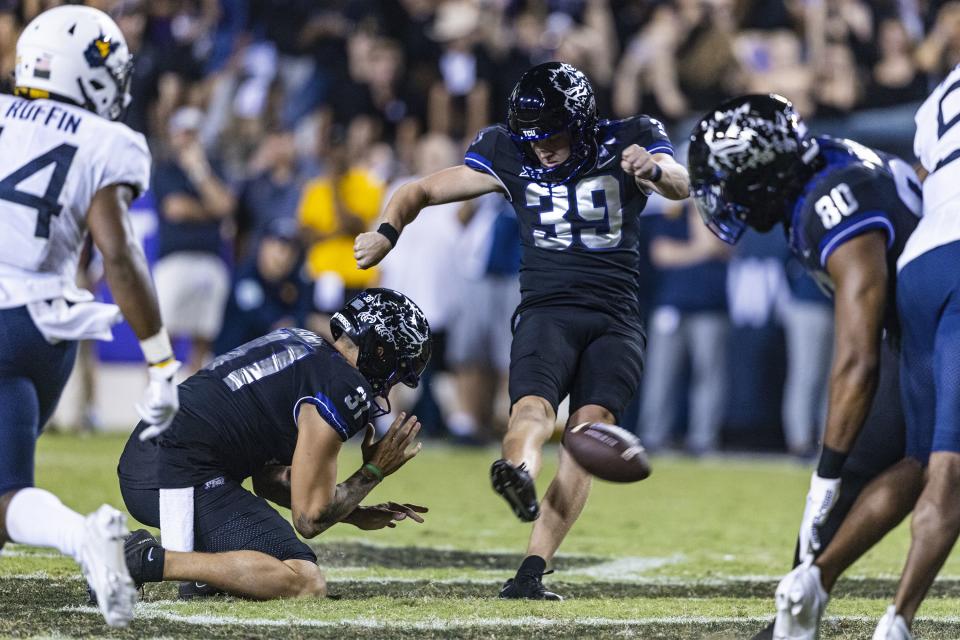 TCU’s Griffin Kell has his kick blocked on the final play of a game against West Virginia on Saturday, Sept. 30, 2023, in Fort Worth, Texas. Next up for the Frogs is a home game against BYU on Oct. 14. | (Chris Torres/Star-Telegram via Associated Press
