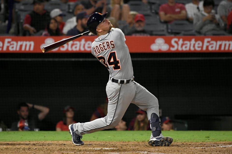 Tigers catcher Jake Rogers gets his second hit in the eighth inning of the Tigers' 6-1 loss to the Angels on Tuesday, July 30, 2019, in Anaheim, California.