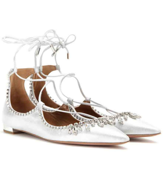 Aquazzura Christy Crystal-Embellished Metallic Leather Point-Toe Flats