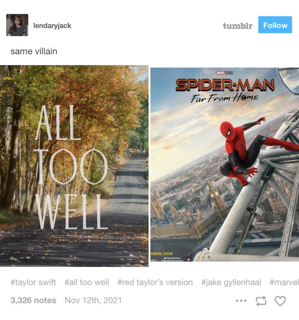 A meme depicting the cover art for All Too Well and Spiderman Far From Home with the caption "Same villain"