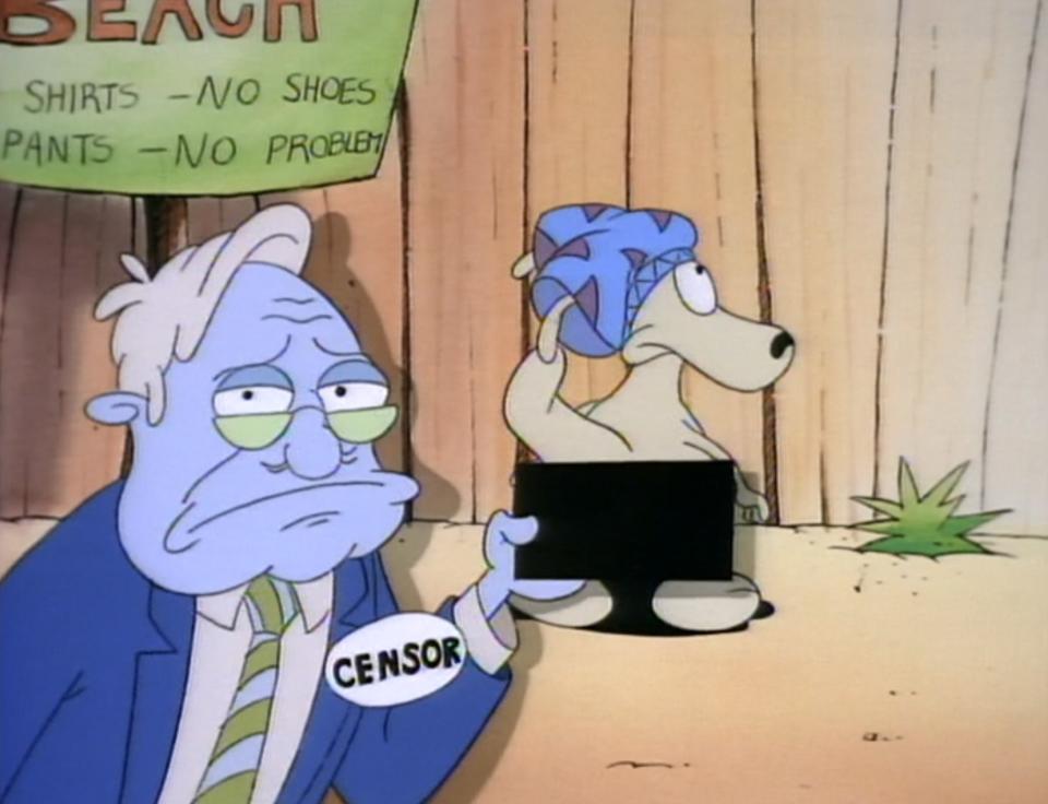 an old guy with a censor badge on his suit putting a black bar on rocko's naked butt on rocko's modern life