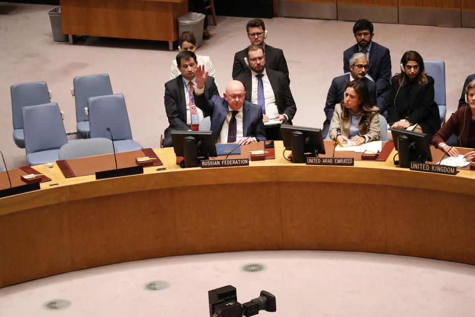 NEW YORK, NEW YORK - SEPTEMBER 30: Russian Ambassador to the United Nations Vasily Nebenzya raises a lone hand to vote against a United Nations Security Council resolution to not recognize Russia's annexation of the regions of Donetsk, Luhansk, Kherson and Zaporizhzhia on September 30, 2022 at U.N. Headquarters in New York City. The UN political affairs chief announced that the recent election in the regions regarding whether they wanted to become part of the Russian Federation, could not be regarded as legal.  (Photo by Spencer Platt/Getty Images)