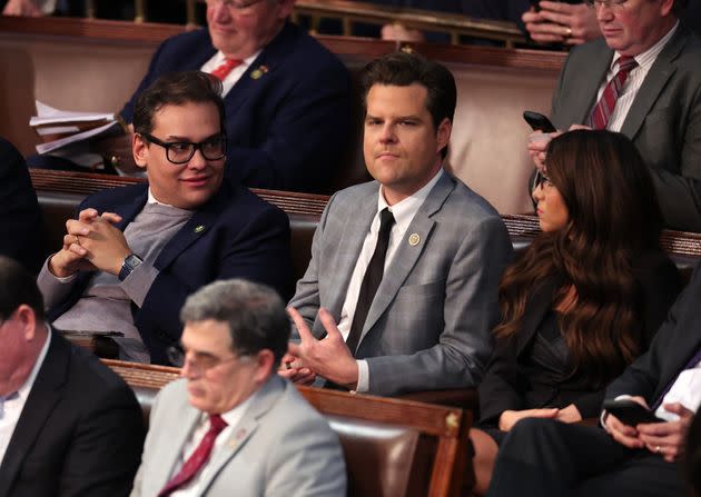 Rep. George Santos (left) sits with fellow Republican Reps. Matt Gaetz and Lauren Boebert during the fourth day of elections for speaker of the House earlier this month.