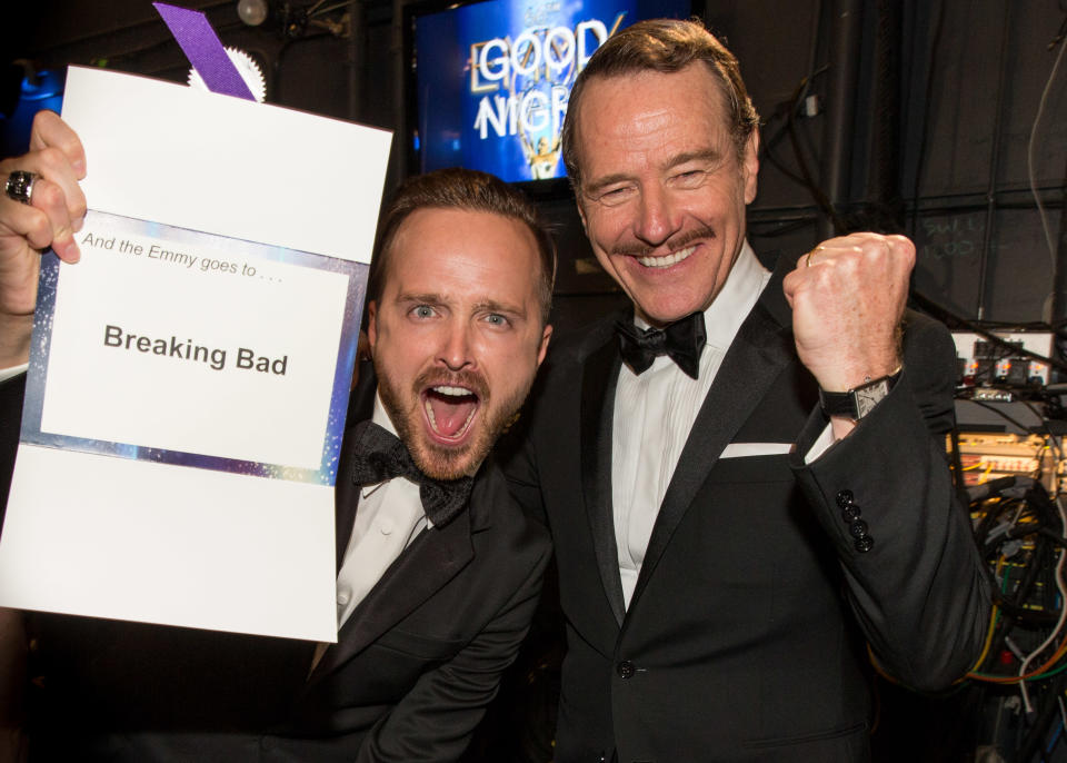 LOS ANGELES, CA - AUGUST 25:  66th ANNUAL PRIMETIME EMMY AWARDS -- Pictured: (l-r) Actors Aaron Paul and Bryan Cranston, winners of Outstanding Drama Series for 'Breaking Bad', pose during the 66th Annual Primetime Emmy Awards held at the Nokia Theater on August 25, 2014.  (Photo by Christopher Polk/NBC/NBC via Getty Images)