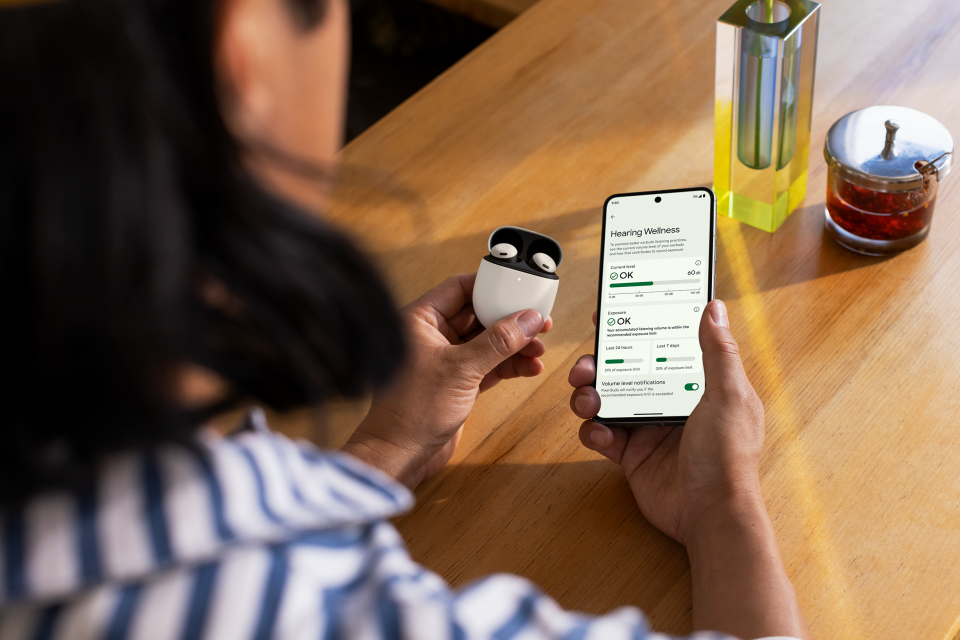 Pixel Buds Pro and the Hearing Wellness feature on a Pixel 8 device.