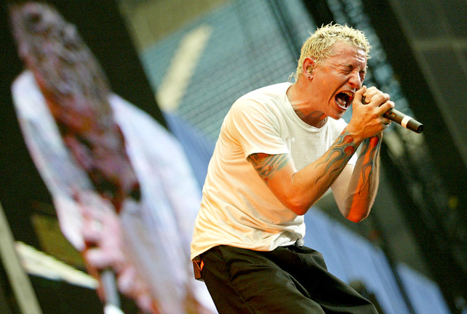 <p>Chester Bennington of Linkin Park during Summer Sanitarium 2003 Tour Opener in Detroit at Pontiac Silverdome in Detroit, Michigan, United States. (Photo: J. Shearer/WireImage) </p>