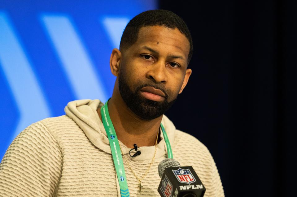 Feb 27, 2024; Indianapolis, IN, USA; Cleveland Browns Executive Vice President of Football Operations and General Manager Andrew Berry talks to the media at the 2024 NFL Combine at Indiana Convention Center. Mandatory Credit: Trevor Ruszkowski-USA TODAY Sports