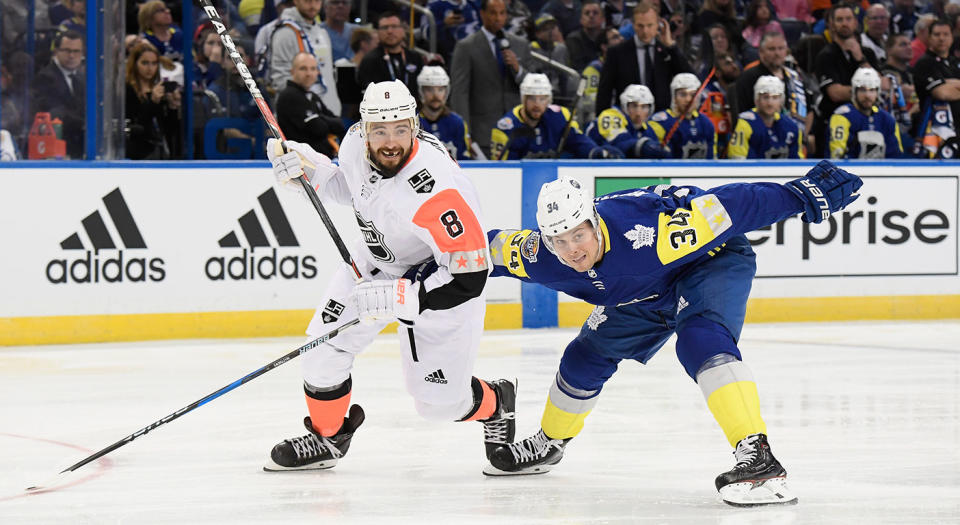 Drew Doughty laughs off Auston Matthews. (Brian Babineau/NHLI via Getty)