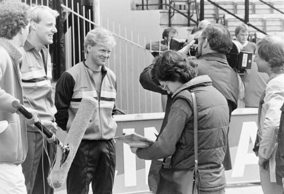 Watford Observer: The Hornets strike force of George Reilly and Mo Johnston are interviewed for TV