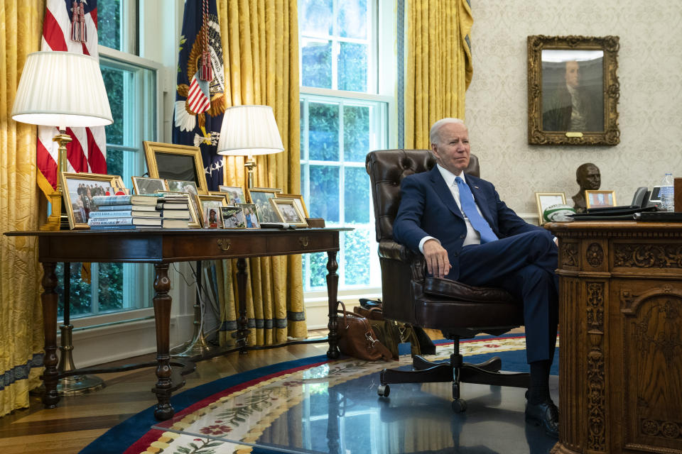 President Joe Biden speaks during an interview with the Associated Press in the Oval Office of the White House, Thursday, June 16, 2022, in Washington. (AP Photo/Evan Vucci)