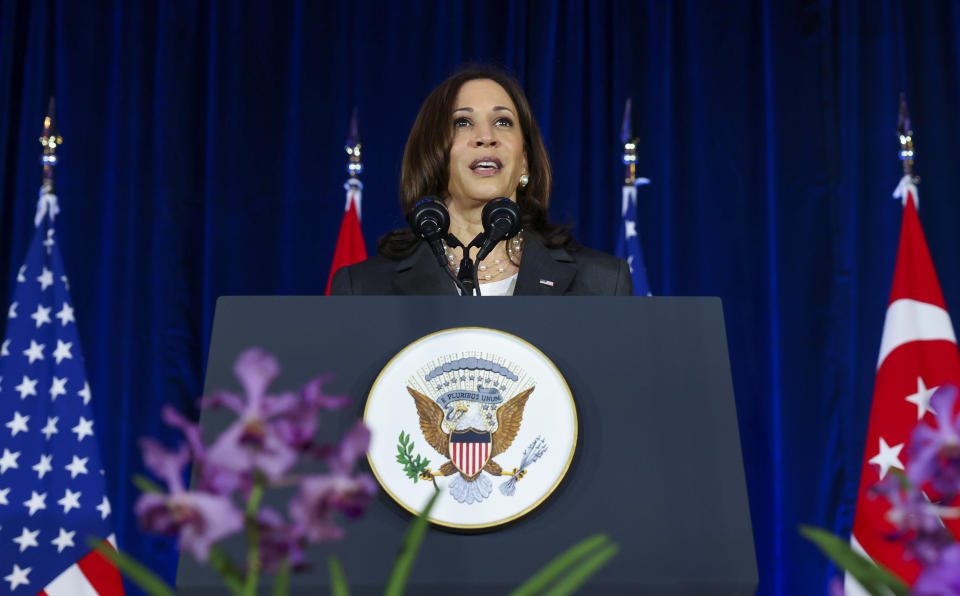 U.S. Vice President Kamala Harris delivers a speech at Gardens by the Bay in Singapore before departing for Vietnam on the second leg of her Southeast Asia trip, Tuesday, Aug. 24, 2021. (Evelyn Hockstein/Pool Photo via AP)