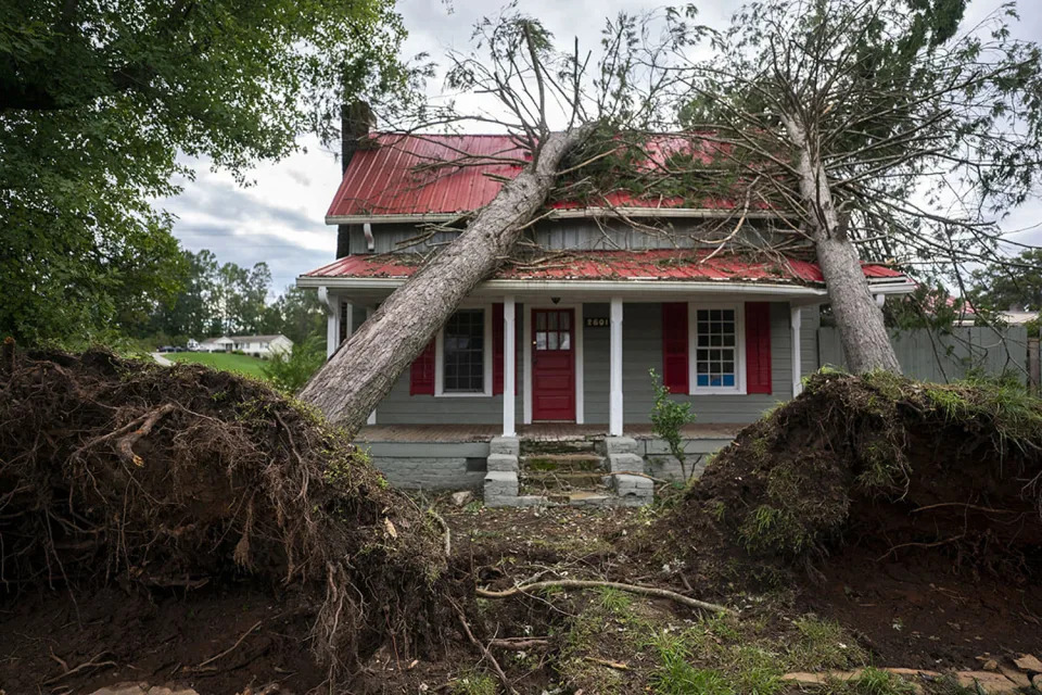 Downed trees on a home in the aftermath of Hurricane Helene on September 29, 2024 in Rutherfordton, N.C. (Sean Rayford / Getty Images)