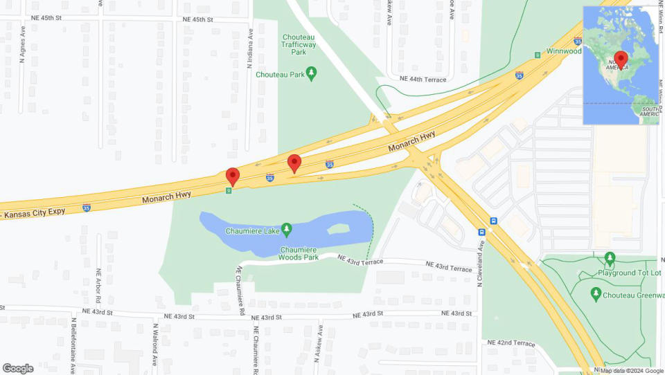 A detailed map that shows the affected road due to 'Broken down vehicle on northbound I-35 in Kansas City' on July 26th at 6:17 p.m.