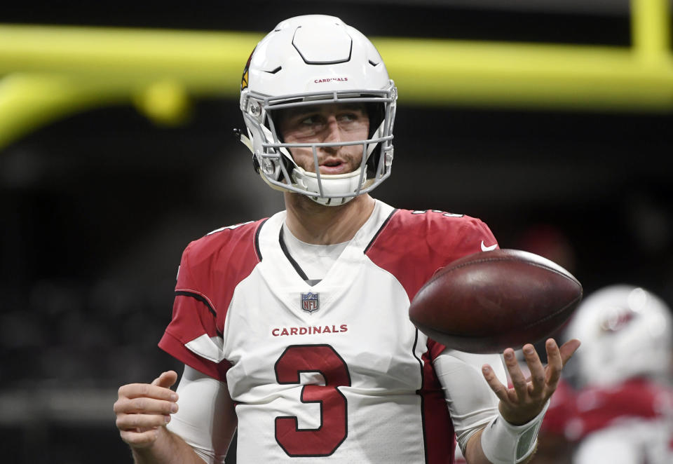 FILE - In this Sunday, Dec. 16, 2018, file photo, Arizona Cardinals quarterback Josh Rosen (3) warms up before the first half of an NFL football game against the Atlanta Falcons in Atlanta. Mired at the bottom of the NFL standings with two weeks to go in the season, the Cardinals go back to work on the practice field as they prepare to host te Los Angeles Rams on Sunday.  (AP Photo/John Amis, File)