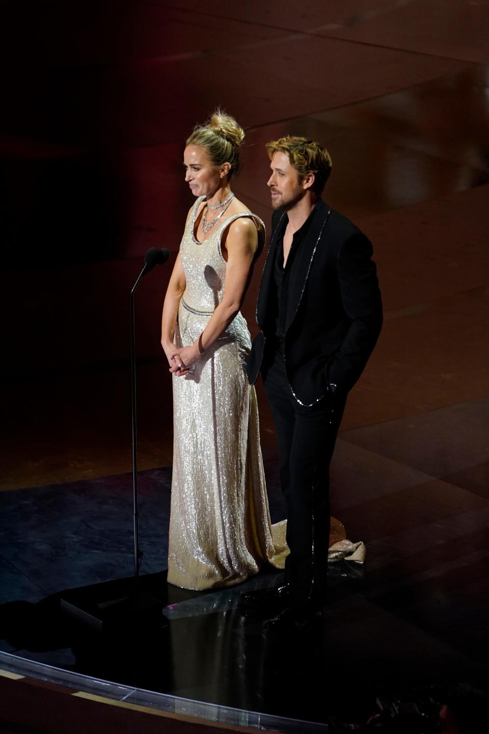Emily Blunt and Ryan Gosling on stage at the 2024 Oscars.