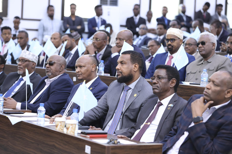 Somali MPs listen to the speech of the president Hassan Sheikh Mohamud during Tuesday , Jan, 2, 2024. Somalia's President Hassan Sheikh Mohamud Tuesday rejected an agreement signed between Ethiopia and the breakaway region of Somaliland to give landlocked Ethiopia access to its shoreline. Speaking at a joint session of the Somalia's federal parliament, Mohamud said the agreement between Somaliland and Ethiopia is a violation of international law.( AP Photos/Farah Abdi Warsameh)