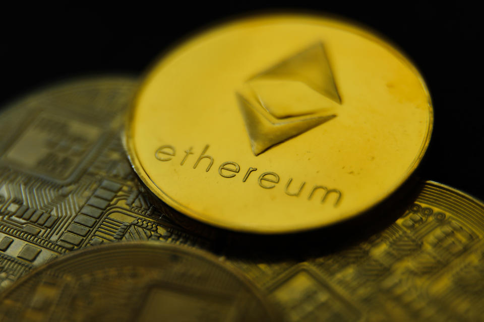 Representation of Ethereum cryptocurrency is seen in this illustration photo taken in Krakow, Poland on June 4, 2021. (Photo Illustration by Jakub Porzycki/NurPhoto via Getty Images)