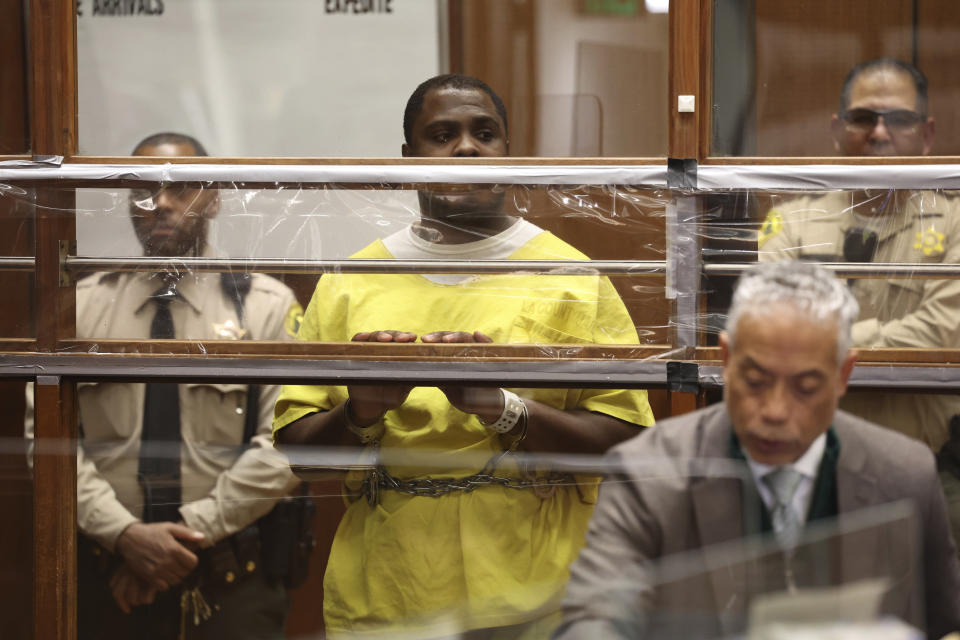 Jerrid Joseph Powell appears at an arraignment at Los Angeles superior court on Monday, Dec. 4, 2023. (Wally Skalij/ Los Angeles Times, Pool)