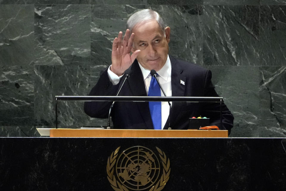 Israel's Prime Minister Benjamin Netanyahu acknowledges audience applause before he addresses the 78th session of the United Nations General Assembly, Friday, Sept. 22, 2023. (AP Photo/Richard Drew)