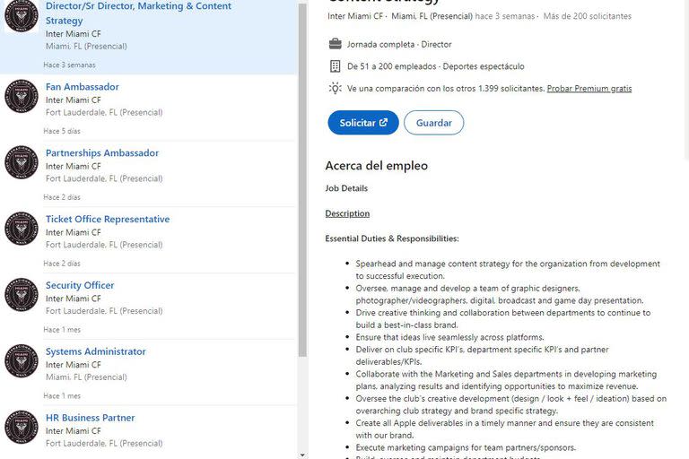 Inter Miami publicó las búsquedas de empleo en Linkedin.