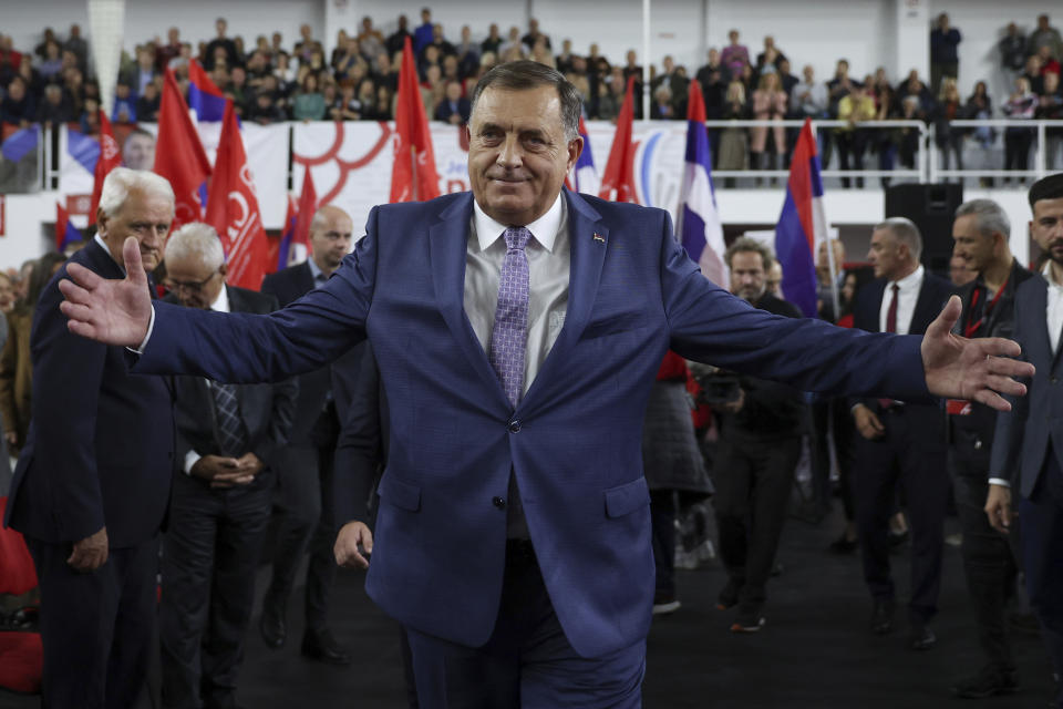 Serb member of the Bosnian Presidency Milorad Dodik arrives at the Alliance of Independent Social Democrats (SNSD) campaign rally in Istocno Sarajevo, Bosnia, Tuesday, Sept. 27, 2022. Bosnia and Herzegovina will hold a general election on Oct. 2. (AP Photo/Armin Durgut)