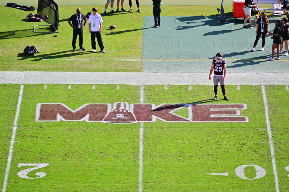 A memorial logo painted on the field for Mike Leach is seen prior to the ReliaQuest Bowl between Mississippi State and Illinois at Raymond James Stadium on January 02, 2023 in Tampa, Florida. (Photo by Julio Aguilar/Getty Images)