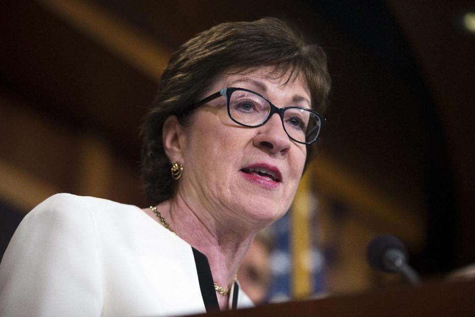 FILE - In this June 21, 2016, file photo, Sen. Susan Collins, R-Maine, speaks during a news conference on Capitol Hill in Washington. Republicans are eagerly planning initial votes next month on dismantling President Barack Obama’s health care law, a cherished GOP goal. “It’s going to be a difficult challenge to pass a replacement” for Obama’s law and make sure some people don’t lose coverage, said Collins. (AP Photo/Evan Vucci, File)