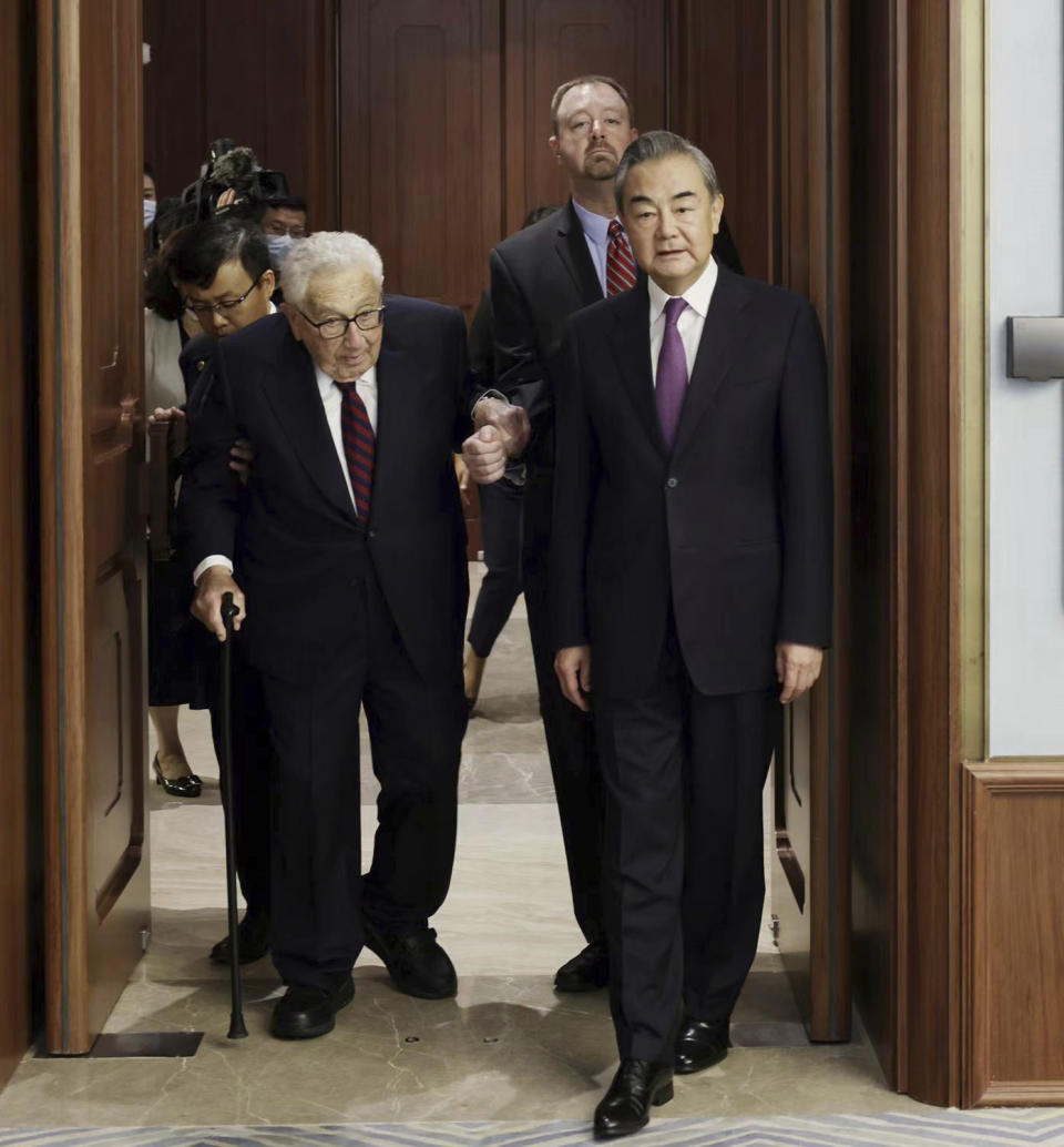 FILE - In this photo released by China's Ministry of Foreign Affairs, former Secretary of State Henry Kissinger, left, meets with Chinese State Councilor Wang Yi in Beijing, Wednesday, July 19, 2023. Official China called Kissinger “an old friend.” A commentator likened him to a giant panda, a goodwill ambassador between two countries that have been more often at odds over the decades than not. Kissinger, who died Wednesday, Nov. 29, 2023, developed a special relationship with China in the second half of his 100-year-long life. (Ministry of Foreign Affairs of the People's Republic of China via AP, File)