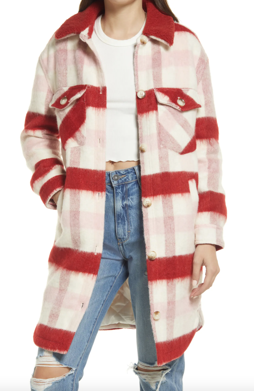 BlankNYC Plaid Long Shirt Jacket in pink and red and white