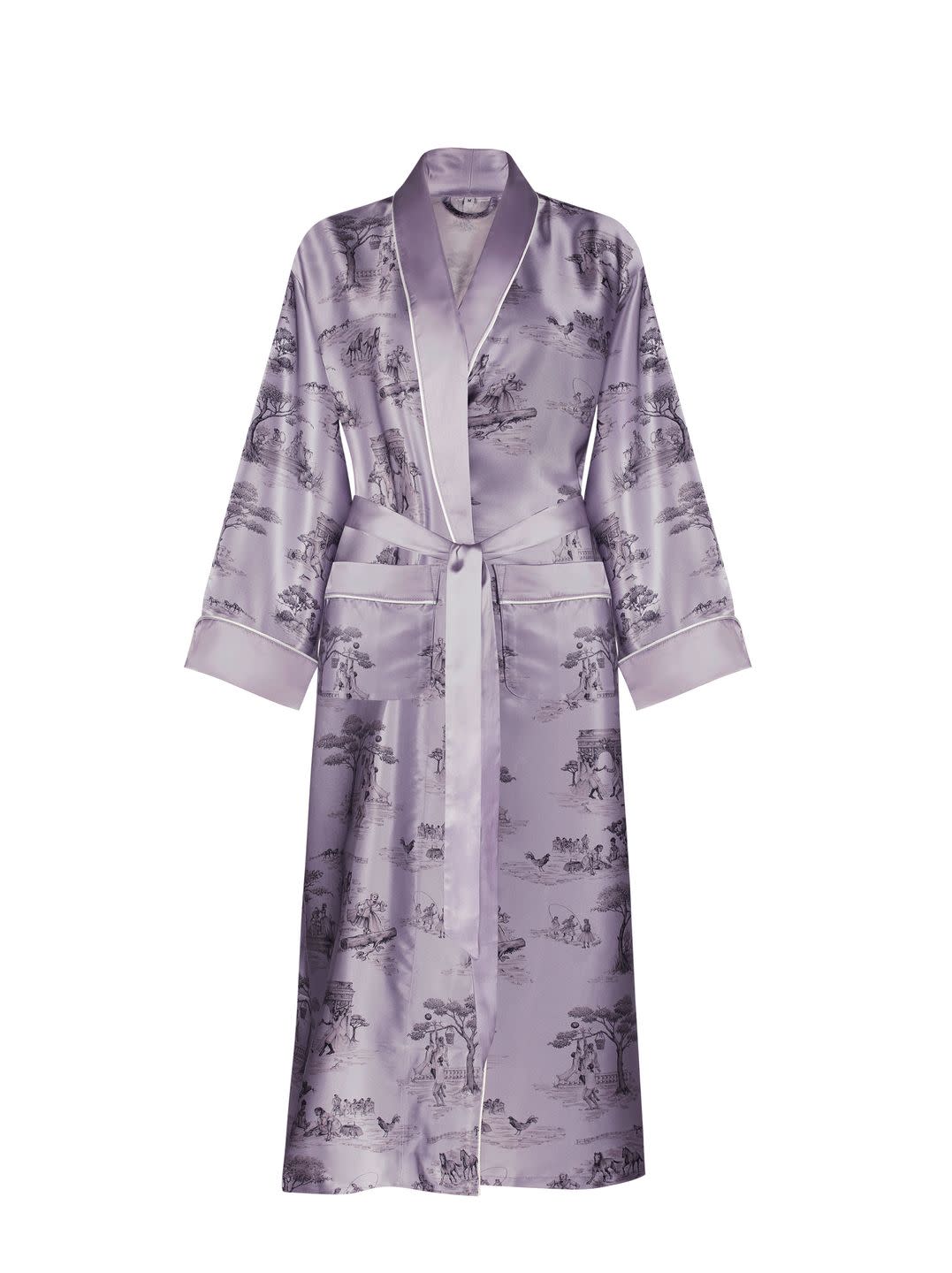 purple silk robe with toile design