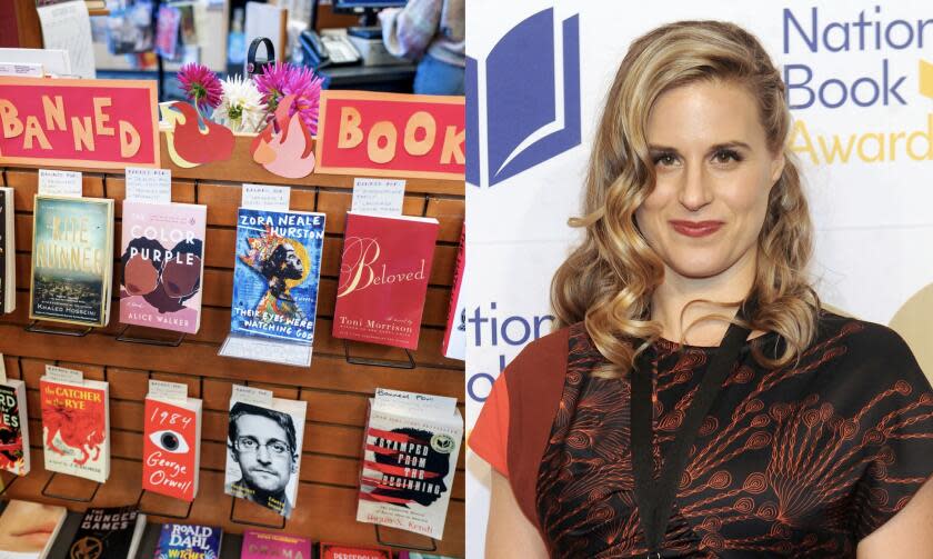 (L) Display of censored books at Books Inc independent bookstore. (R) Lauren Groff wears a black and orange dress.