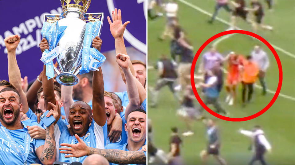 Aston Villa goalkeeper Robin Olsen was attacked by Manchester City fans during wild title celebrations at Etihad Stadium. Pic: Getty/Sky Sports