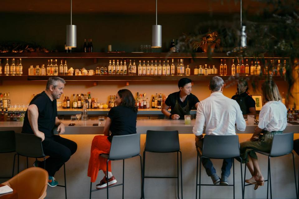 Several people seated at a bar, socializing.