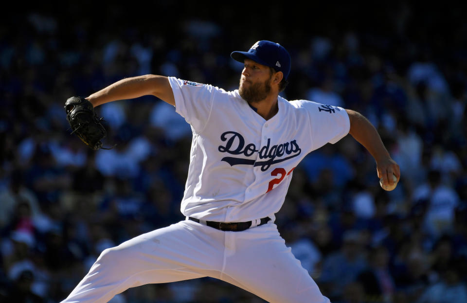 Los Angeles Dodgers ace Clayton Kershaw throws to the plate during the fifth inning of an opening day baseball game against the San Francisco Giants Thursday, March 29, 2018, in Los Angeles. (AP Photo/Mark J. Terrill)