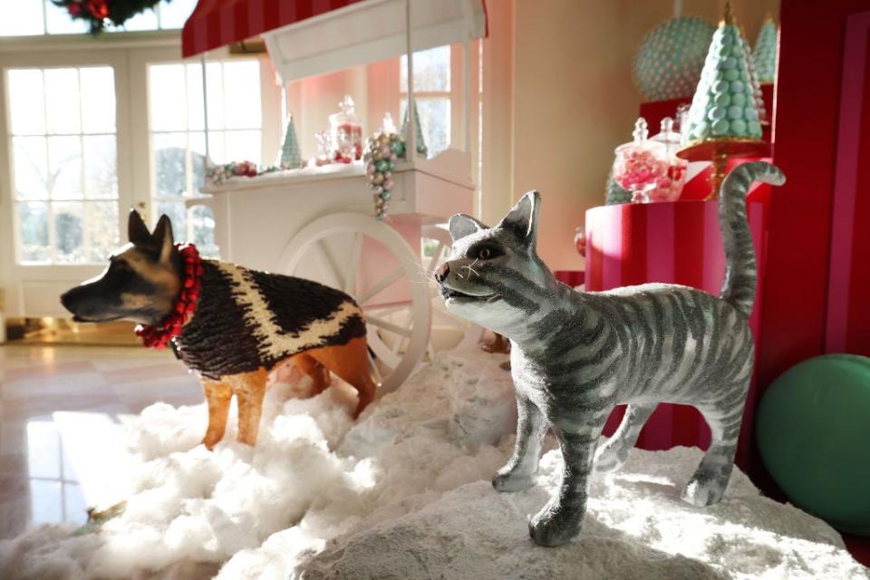 Statues of White House pets Commander and Willow as part of the 2023 White House Christmas decorations.