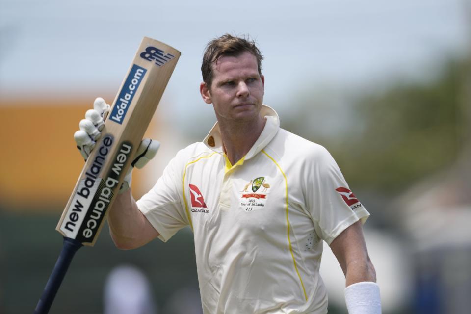 Australia's Steven Smith acknowledges the crowd as he leaves the pitch during the second day of the second test cricket match between Australia and Sri Lanka in Galle, Sri Lanka, Saturday, July 9, 2022. (AP Photo/Eranga Jayawardena)