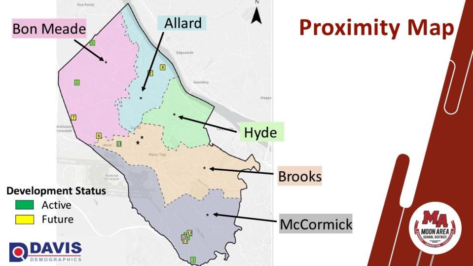 A map showcasing the areas covered by elementary schools in Moon Township. The green areas indicate current construction, while yellow indicates future projects that are planned. Hyde Elementary School's area has no projects marked.