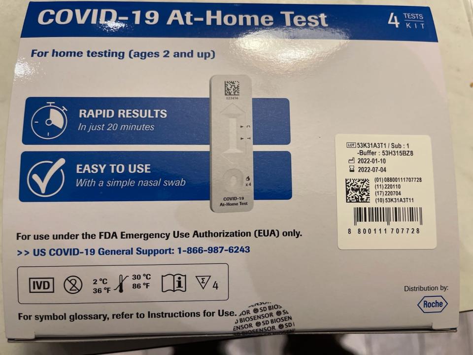 A box of the rapid at-home COVID-19 tests from the federal government that arrived Tuesday in the mail in metro Detroit.