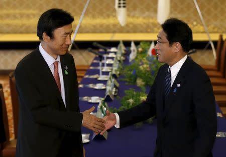 South Korea's Foreign Minister Yun Byung-se (L) reaches out to shake hands with Japan's Foreign Minister Fumio Kishida before their meeting at the foreign ministry's Iikura guest house in Tokyo June 21, 2015. REUTERS/Issei Kato